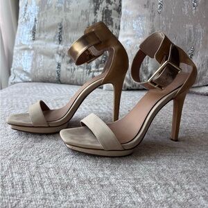 Calvin Klein Vivian Stiletto Ankle Strap Platform Gold, Brown & Crème Sandals 7M